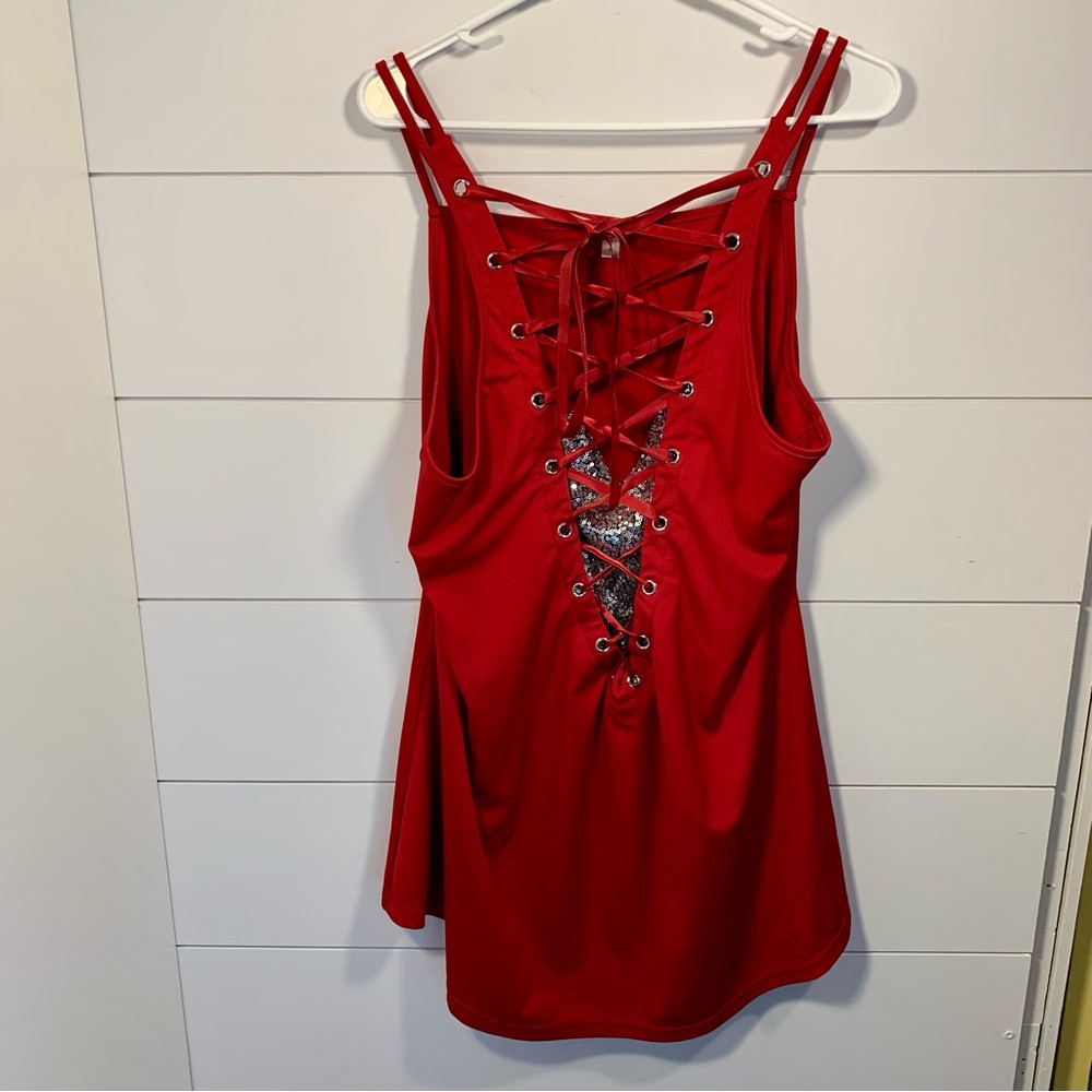 Rosegal Tank Top Women Sz 4XL (US 22) Red Sequins Lace Up Glam Going Out Goth